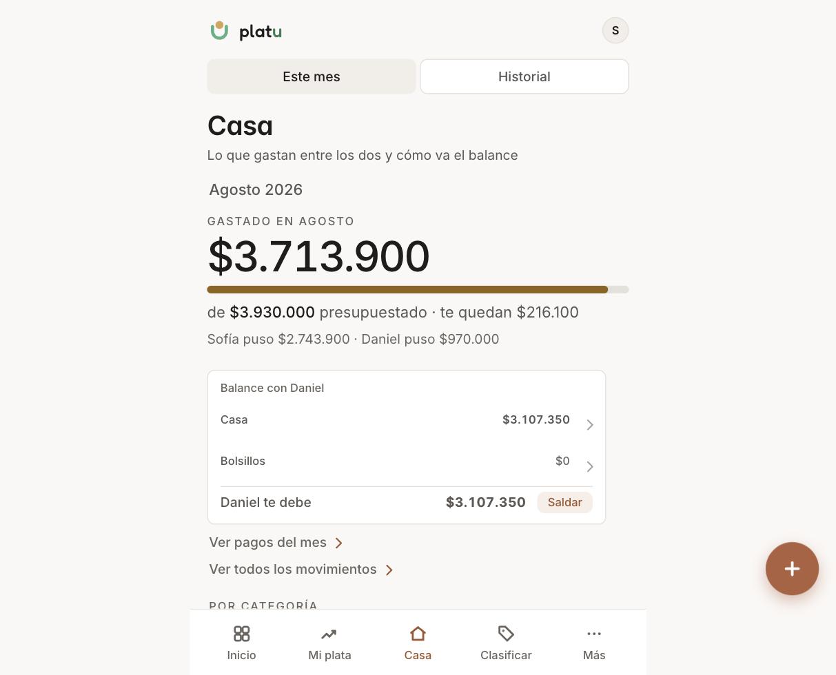 La pantalla Casa de Platu: lo gastado en el mes,
        cuánto puso cada persona y el balance de quién le debe a quién.